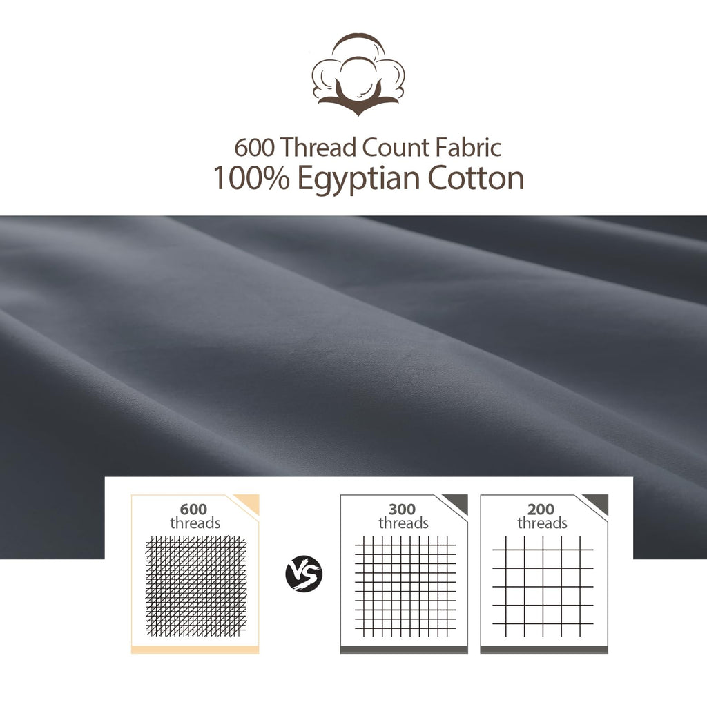 2-Pack Pure Cotton Fitted Sheet Queen Size, 600 Thread Count 16'' Deep Pocket Egyptian Cotton Fitted Sheet (2Pcs, Queen, Dark Gr