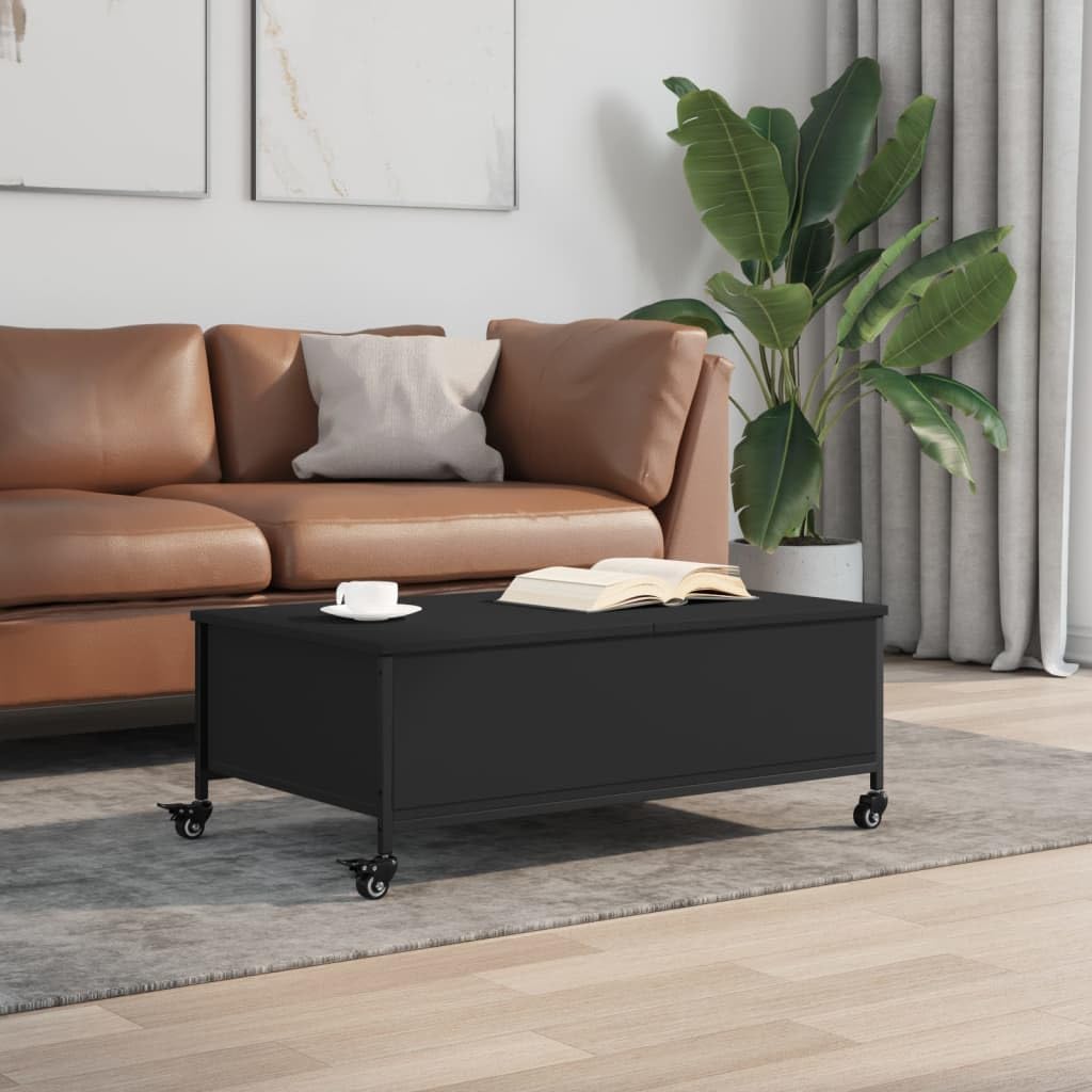 vidaXL Engineered Wood Coffee Table on Wheels - Black Modern Mobile Side Table with Storage, 35.8&quot;x21.7&quot;x13.4&quot;