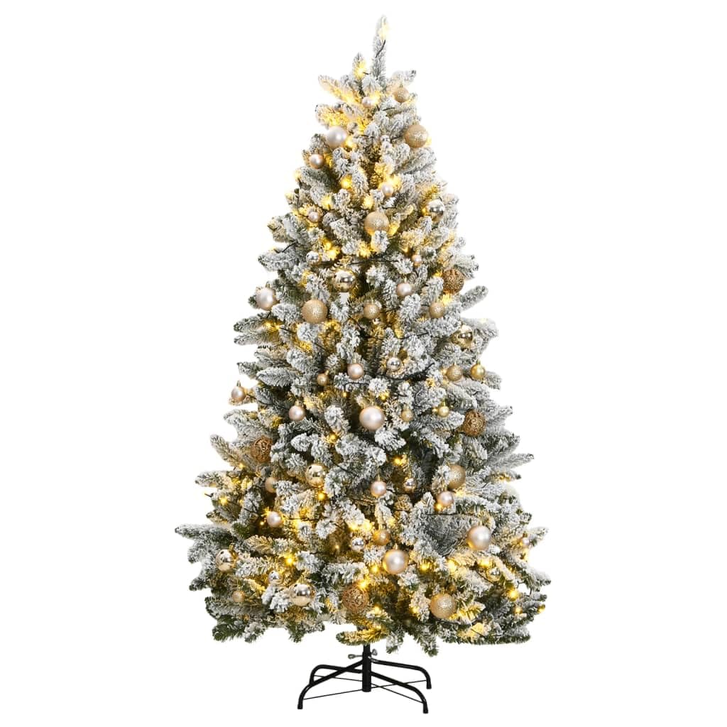 vidaXL Artificial Hinged Christmas Tree, Decorated with LED Lights, Flocked Snow and Rose Gold Balls, 300 LEDs, 70.9&quot; Height with Sturdy Metal Stand - Perfect for Home Holiday Decor