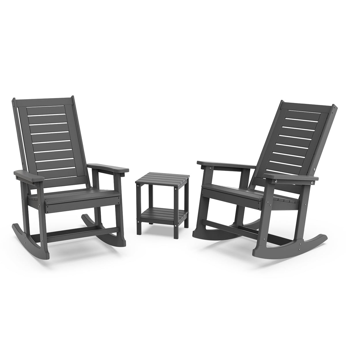 Greenvines Outdoor Rocking Chair Set | 3-Piece | 2 Rocking Chairs With 1 Side Table | Porch Rocker | Hdpe Plastic | Grey | Patio Furniture Sets | High Back | Big & Tall | Ladder Back