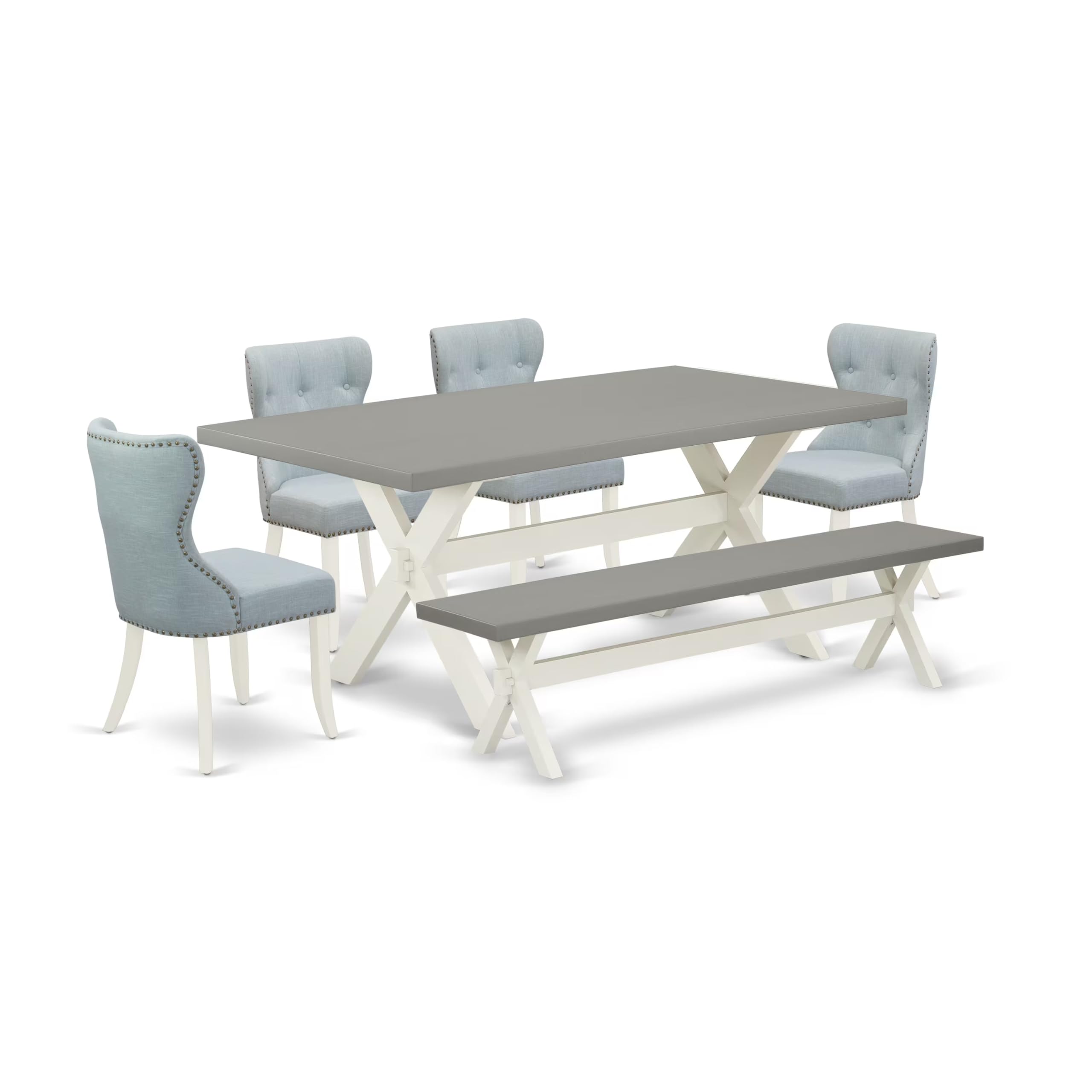 East West Furniture X097Si215-6 6 Piece Dining Set Contains A Rectangle Dining Room Table With X-Legs And 4 Baby Blue Linen Fabric Parson Chairs With A Bench, 40X72 Inch, Multi-Color
