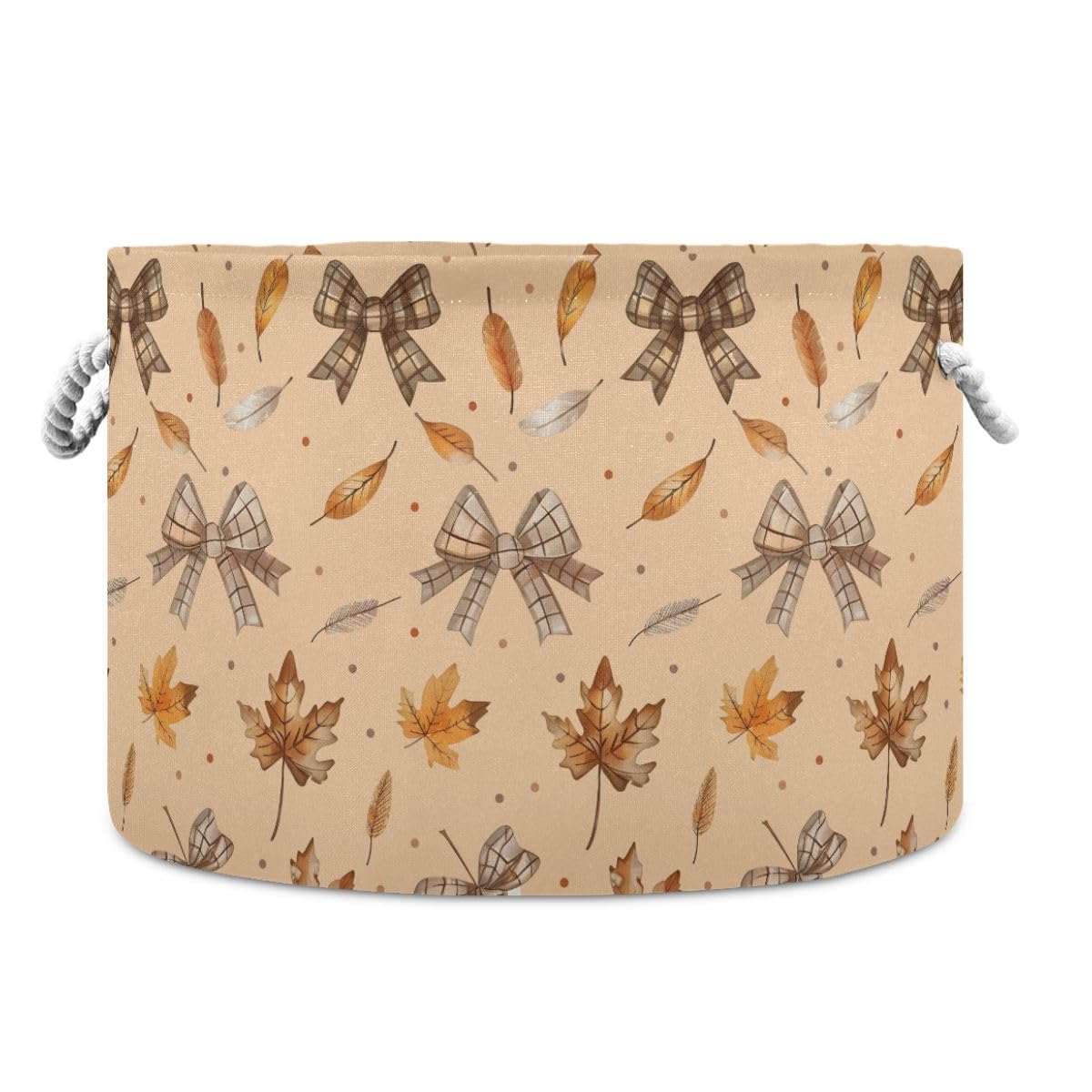Brown Bow Maple Leaf Pattern Storage Basket Laundry Hamper Canvas Collapsible Organizer Bin with Handle for Clothes Books Decor