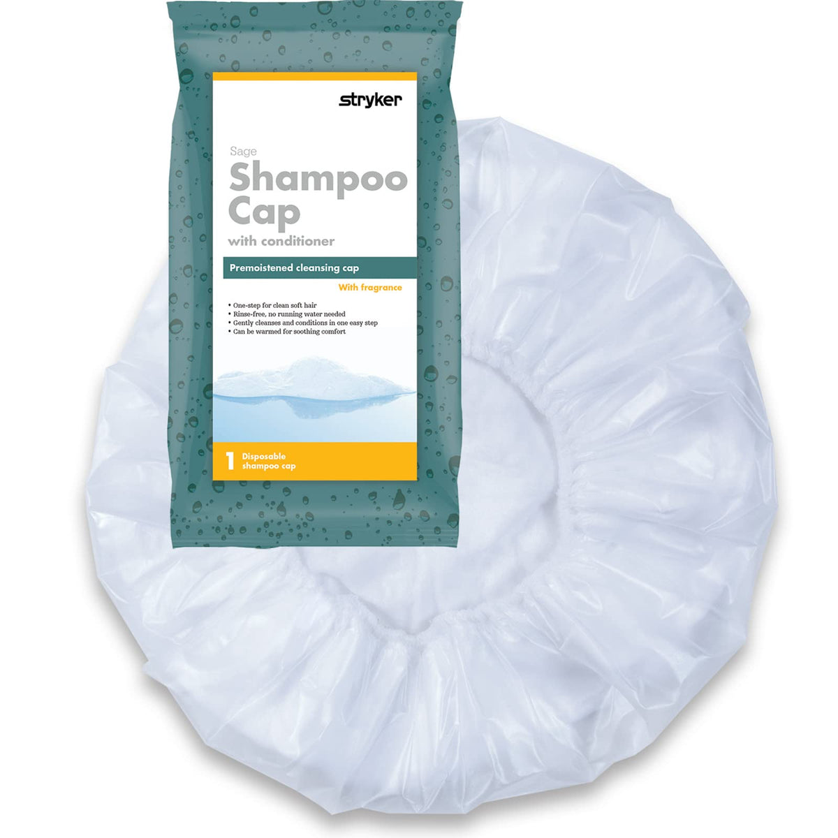 Stryker - Sage Pre-moistened Shampoo Cap - 40 Packages, Ultra-soft Fabric Lining, with Shampoo, Conditioner, Detangler & Rinse-f