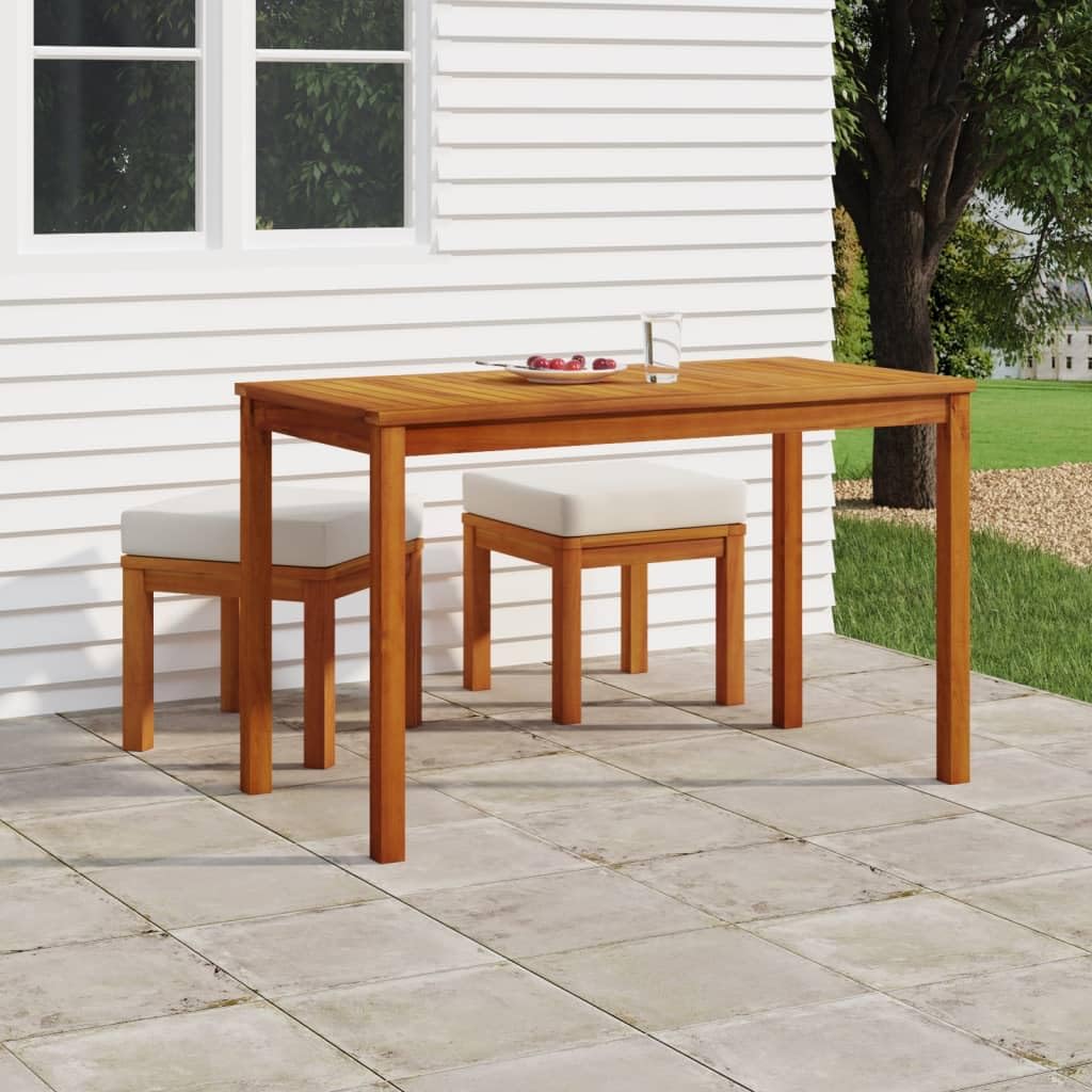 vidaXL 3 Piece Outdoor Patio Dining Set - Solid Acacia Wood with Oil Finish - Includes Table and 2 Stools with Cream Cushions - Ideal for Garden, Terrace, or Patio