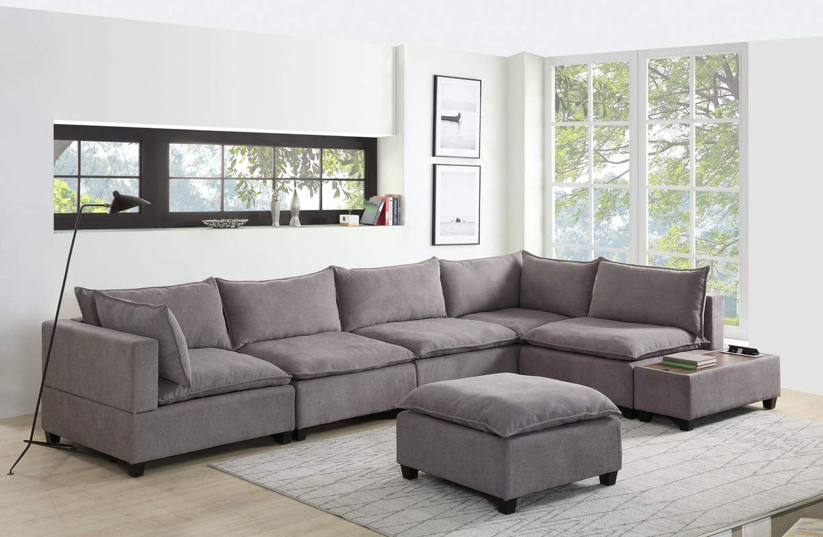 Lilola Home Madison Light Gray Fabric 7 Piece Modular Sectional Sofa with Ottoman and USB Storage Console Table