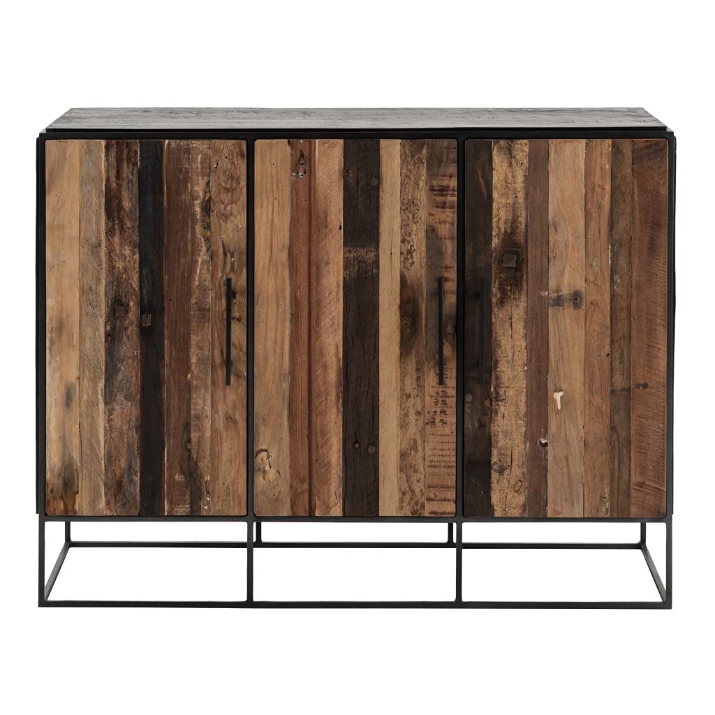 HomeRoots Natural & Black Mindi, Plywood, Recycled Boat Wood & Iron Modern Rustic Black and Natural Three Door Cabinet