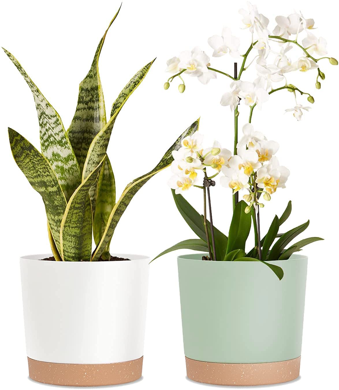 Kubvici 8' Plastic Flower Planter Pots Set Of 2 Indoor Outdoor Planters With Drainage Saucer For Garden Home (Green & White, 8