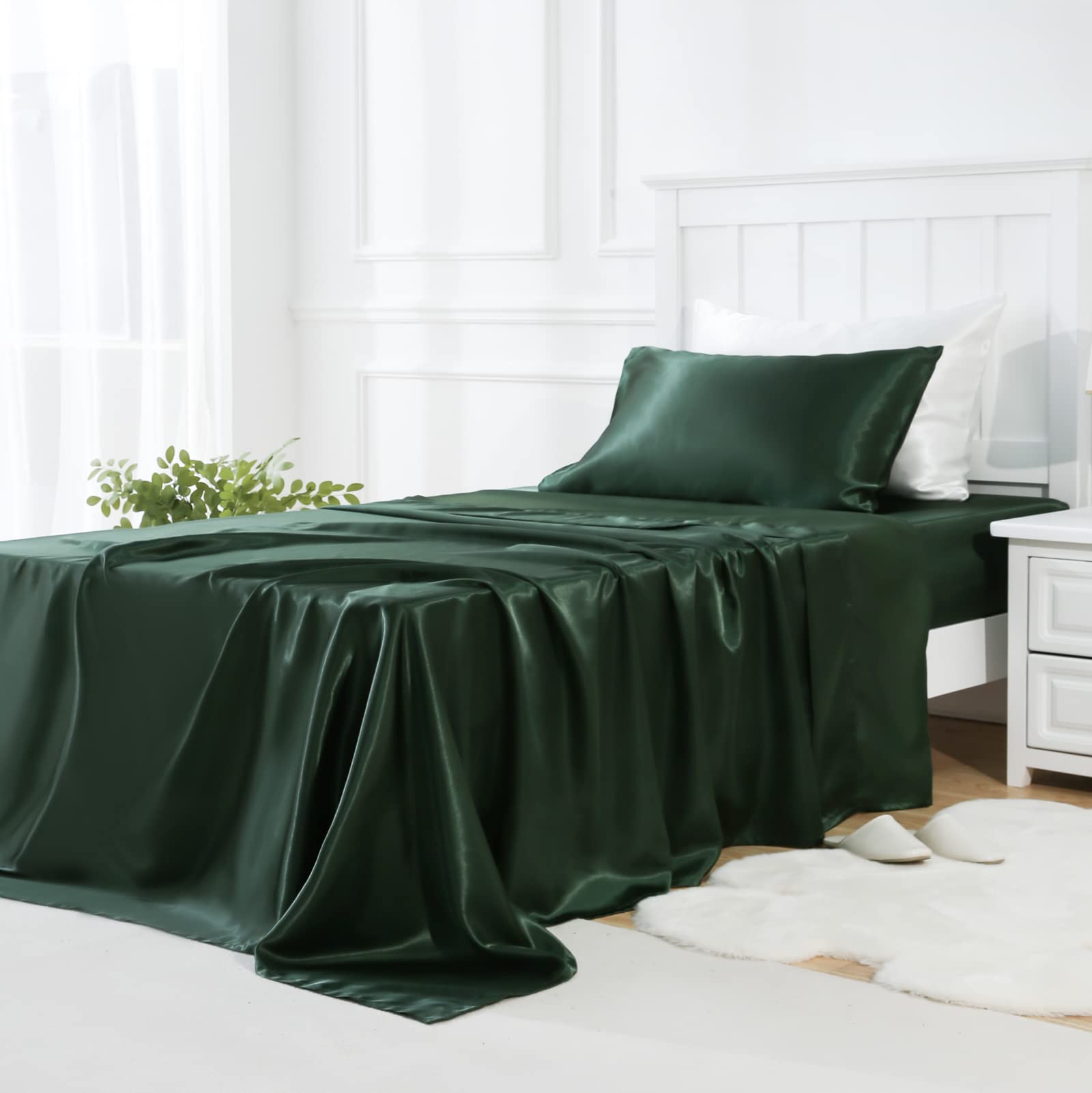 Golal Satin Sheets Twin Size - 3 Pieces Luxury Silky Soft Bed Sheets For Kids, Wrinkle-Free Dark Green Satin Silk Sheet Set With