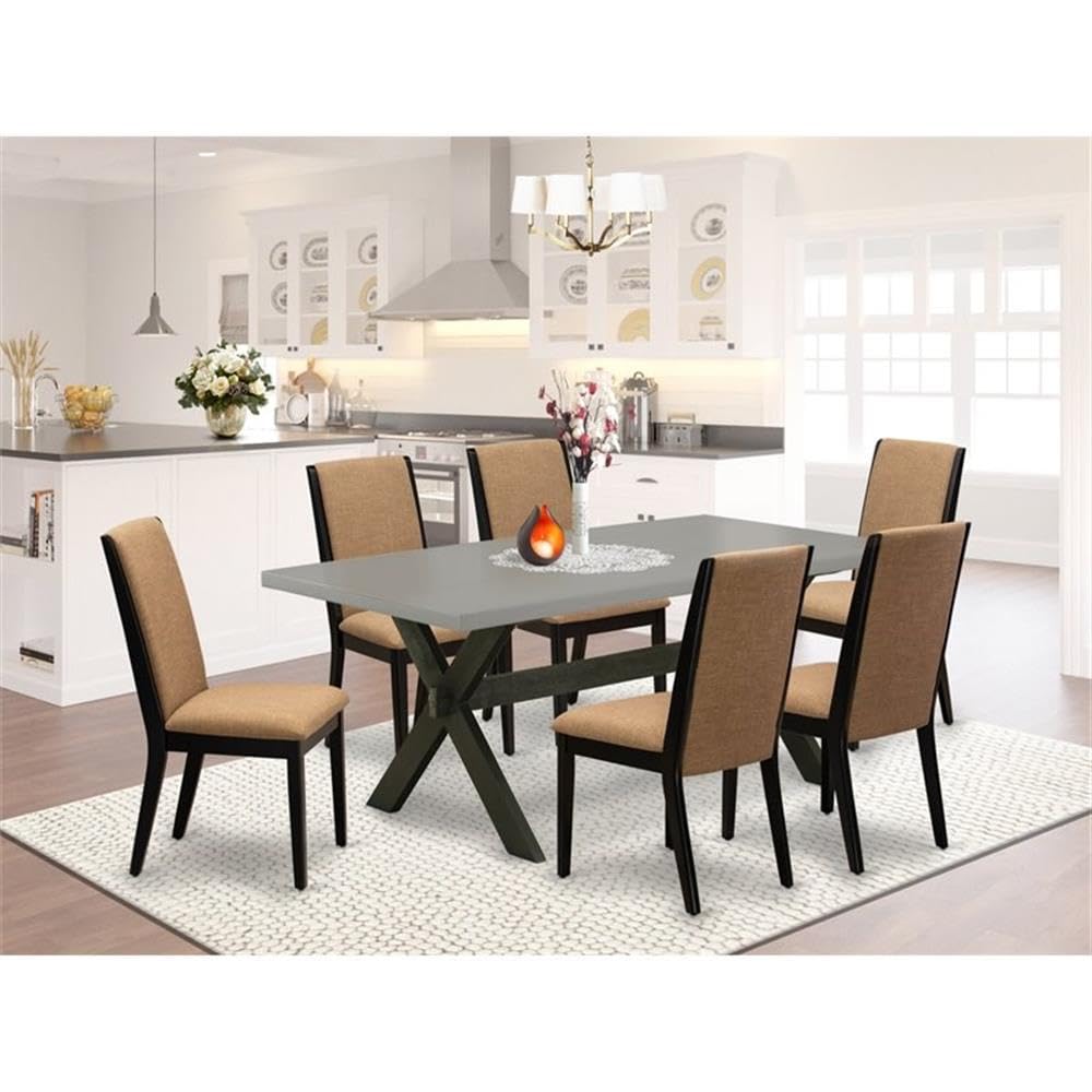 East West Furniture X697La147-7 7 Piece Modern Dining Table Set Consist Of A Rectangle Wooden Table With X-Legs And 6 Light Sable Linen Fabric Upholstered Chairs, 40X72 Inch, Multi-Color