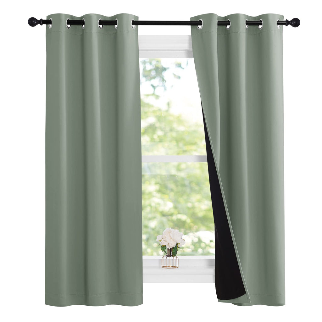 Nicetown Greyish Green 100% Blackout Lined Curtains, 2 Thick Layers Narrow Wide Window Treatment Panels Thermal Insulated Drapes For Kitchen Small Window (1 Pair, 37' Width X 63' Length Each Panel)