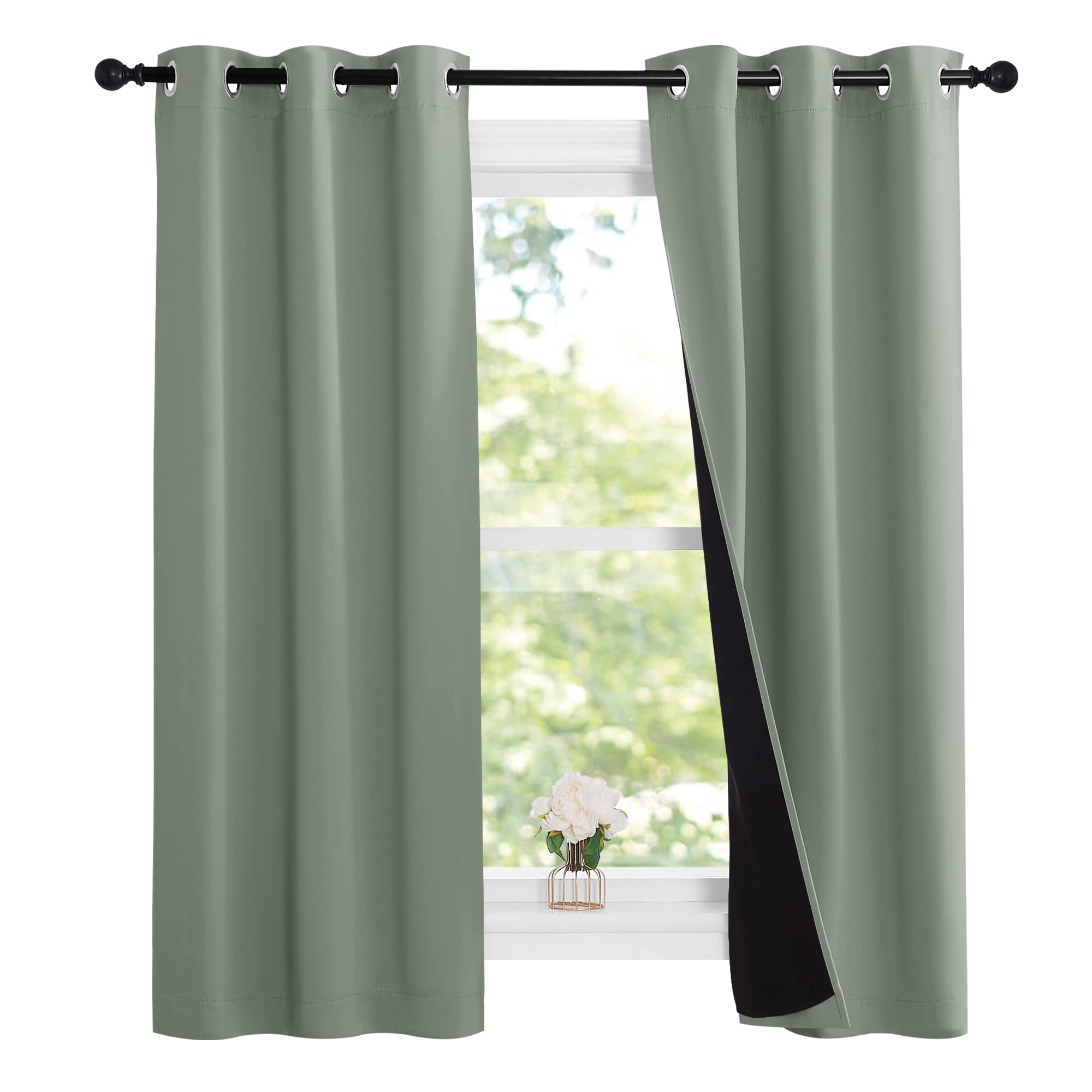 Nicetown Greyish Green 100% Blackout Lined Curtains, 2 Thick Layers Narrow Wide Window Treatment Panels Thermal Insulated Drapes For Kitchen Small Window (1 Pair, 37' Width X 63' Length Each Panel)