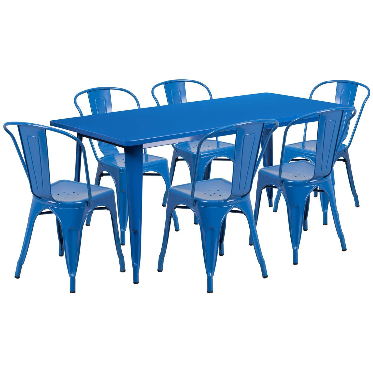 Flash Furniture Commercial Grade 31.5&quot; x 63&quot; Rectangular Blue Metal Indoor-Outdoor Table Set with 6 Stack Chairs