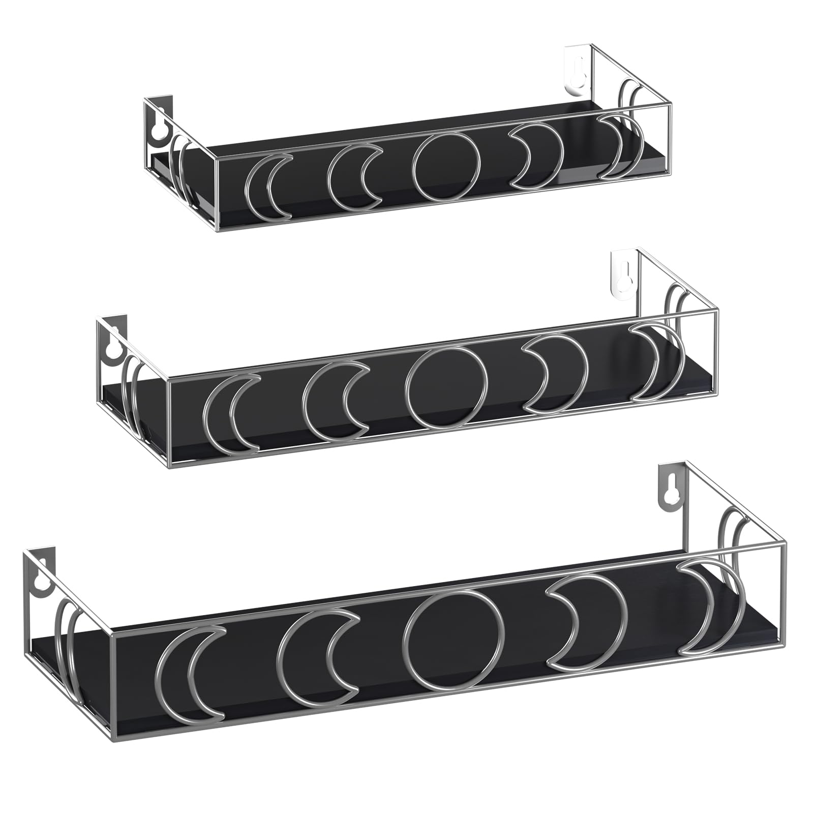 Serwrsw Moon Phase Wall Shelves Black Silver, 3 Pack Small Floating Book Plant Shelves for Bedroom Kid Room, Decorative Storage 