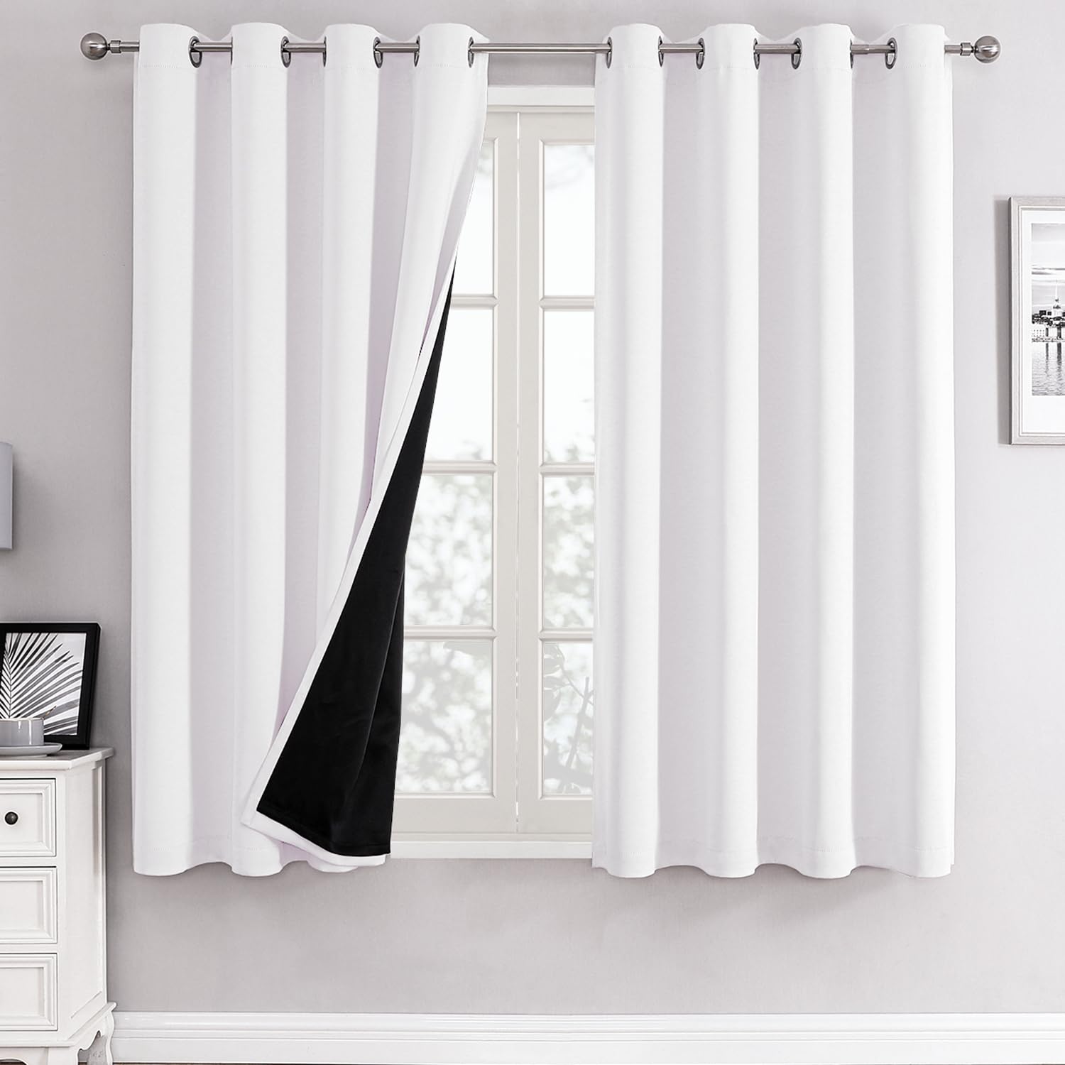 Chrisdowa White 100% Blackout Curtains For Bedroom With Black Liner, 2 Thick Layers Total Blackout Thermal Insulated Grommet Win