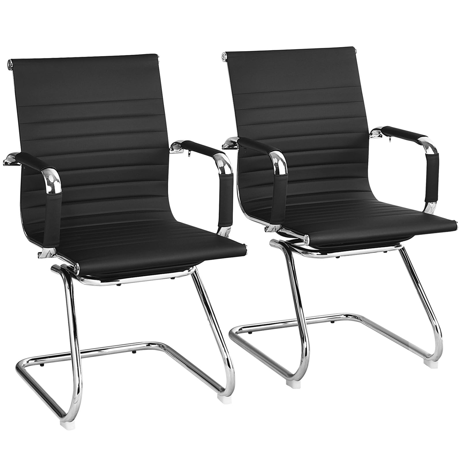 Tangkula Office Guest Chair Set Of 2, Heavy Duty Reception Chairs Conference Room Chairs With Protective Arm Sleeves & Sled Base, Modern Pu Leather Classic Mid Back Guest Chairs No Wheels