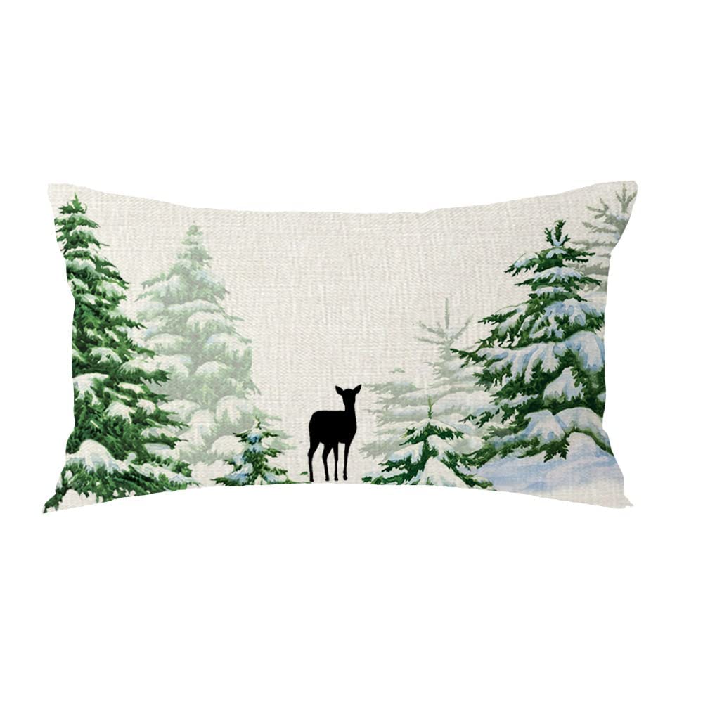Feleniw Merry Christmas Pine Cedar Trees Reindeer Snow For Holiday Lumbar Decorative Throw Pillow Cover Cushion Case Cotton Line