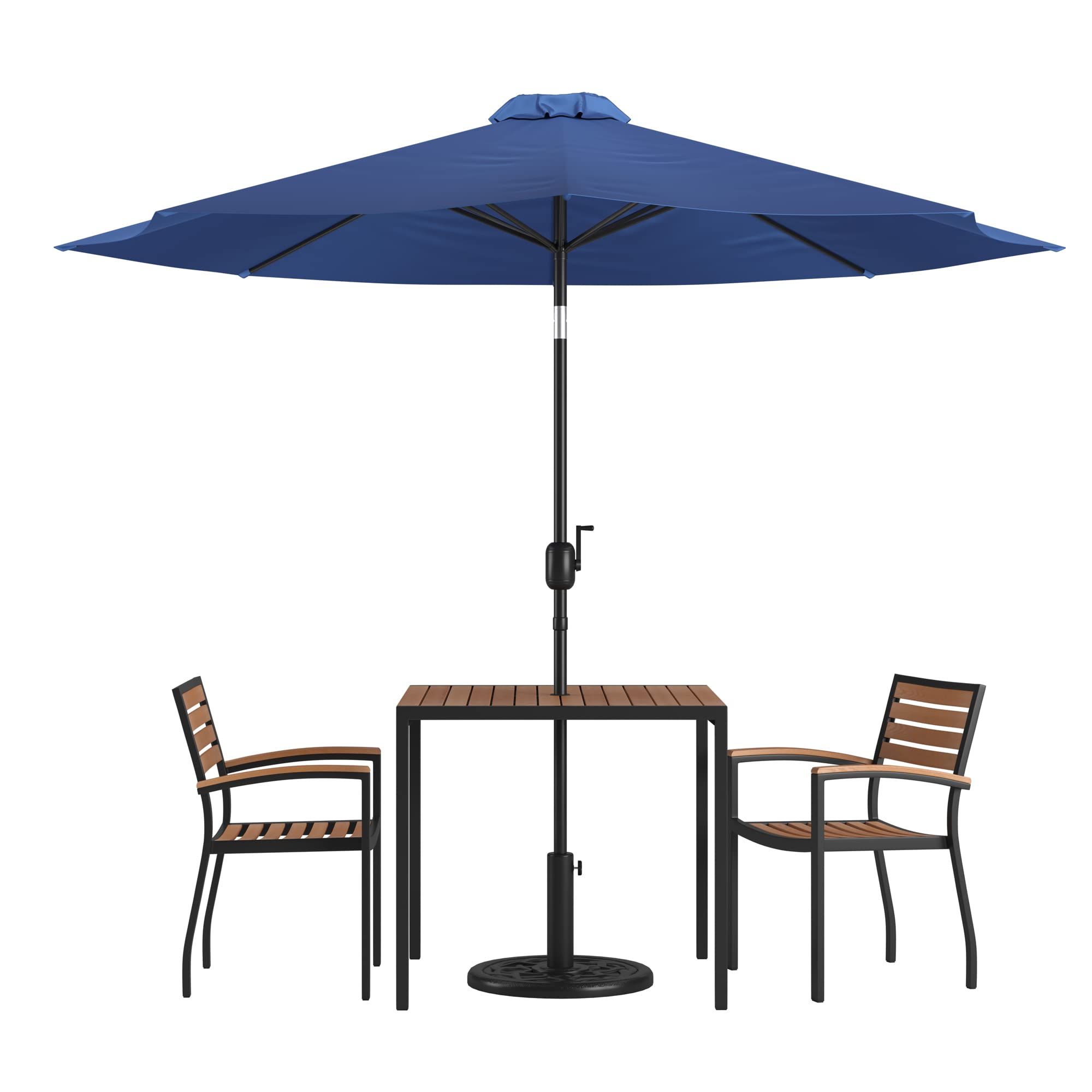 Flash Furniture 5 Piece Outdoor Patio Dining Table Set - 2 Synthetic Teak Stackable Chairs with Arms - 35&quot; Square Table - Navy Umbrella with Base