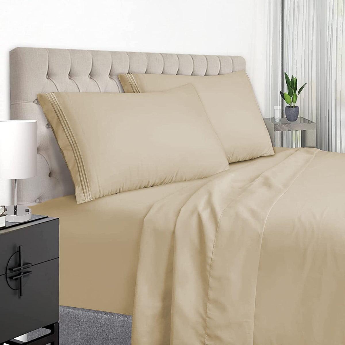 Easehome Beige Queen Size Bed Sheets Set Deep Pocket To 18 Inches Mattress 4 Piece - Premium Bedding Sheets & Pillowcases Collec