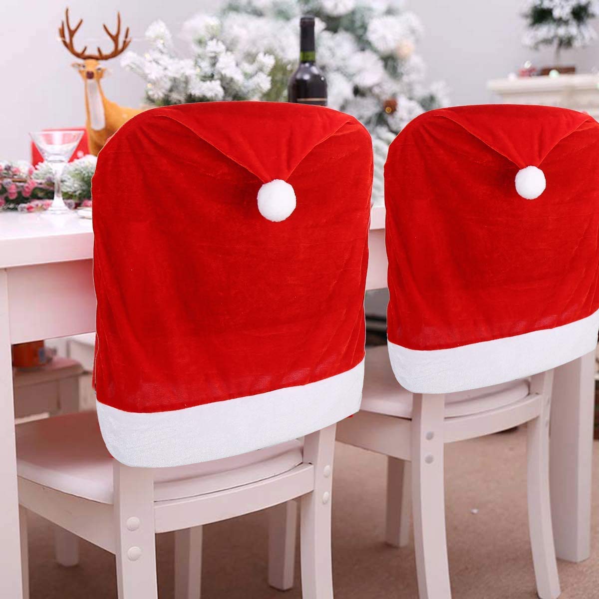 Ccinee 6Pcs Christmas Chair Covers,Santa Claus Hat Slipcover Xmas Chair Back Cover For Christmas Dinning Room Decoration