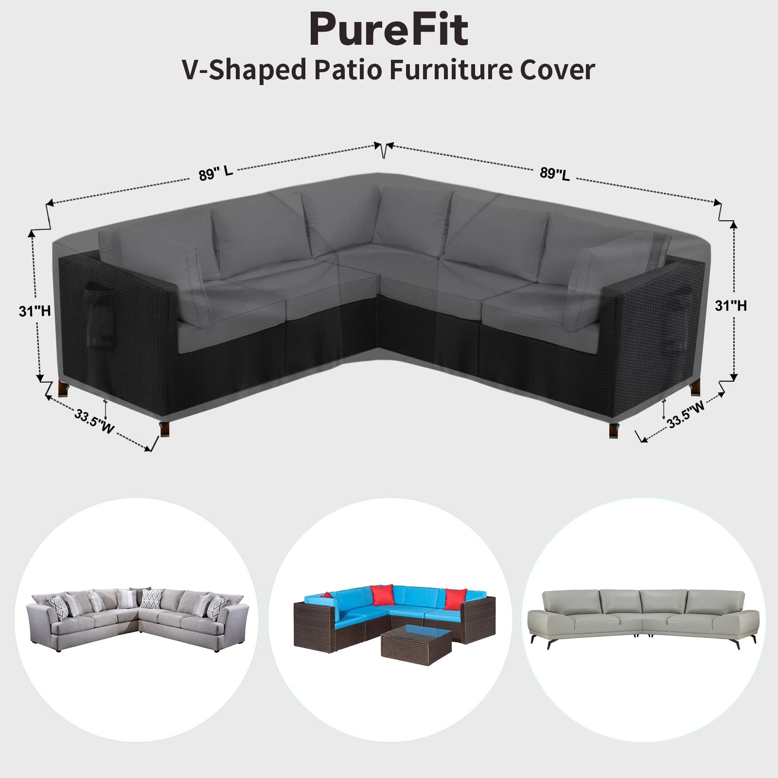 Purefit Outdoor Sectional Sofa Cover Waterproof V Shaped Patio Furniture Covers For Deck, Lawn And Backyard, 89”X89”, Black