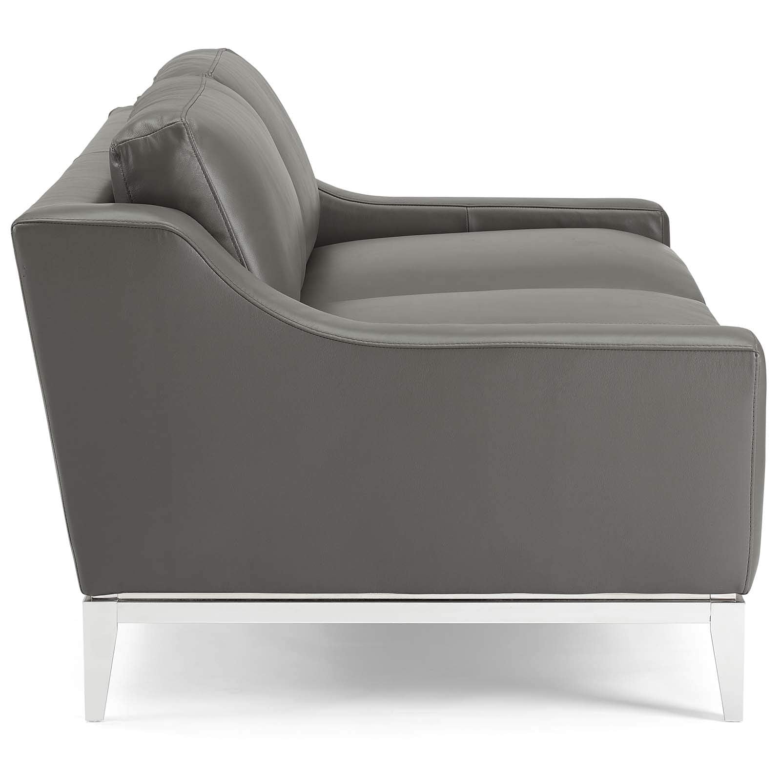 Modway Harness 64&quot; Leather Loveseat In Gray With Stainless Steel Base