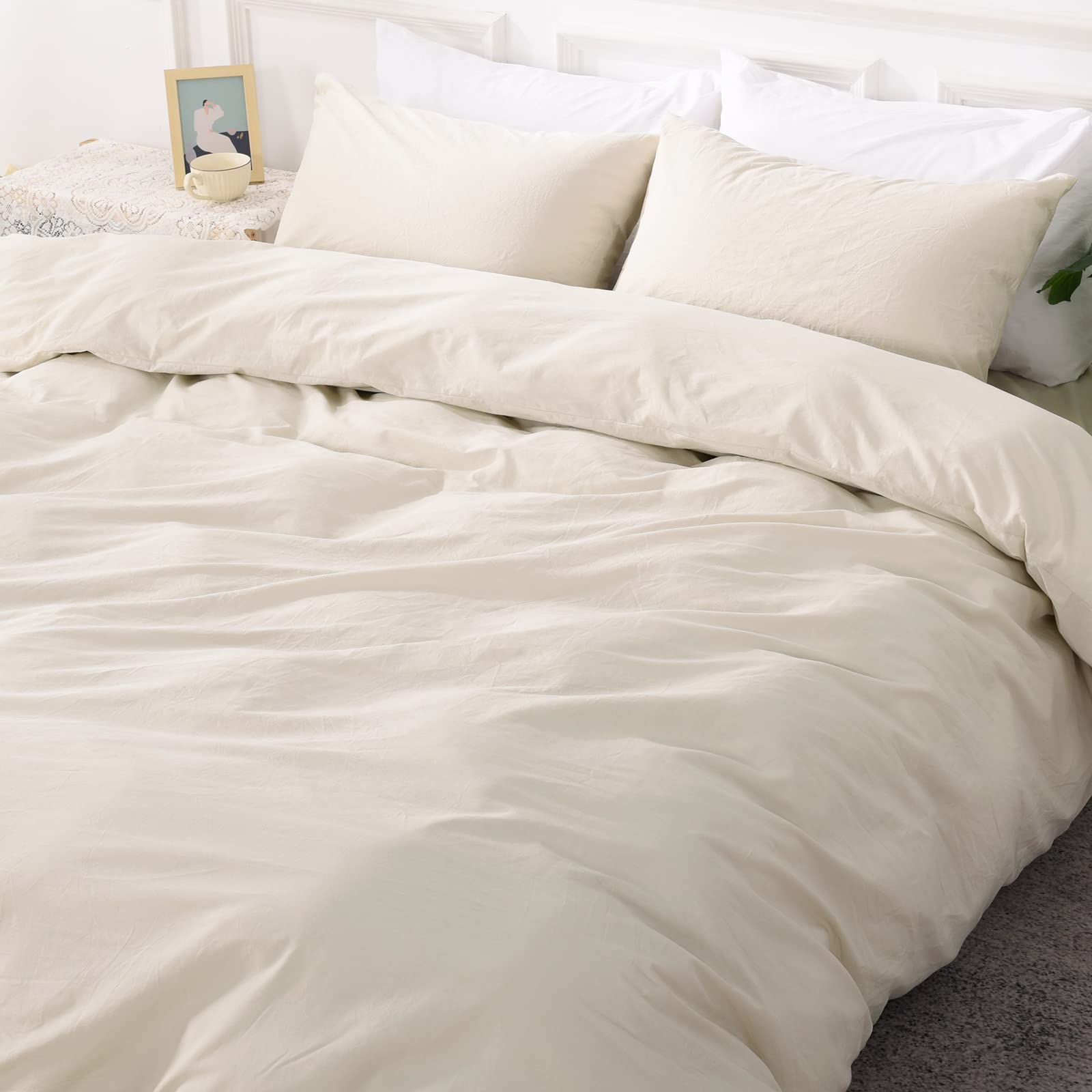 Nexhome Pro Duvet Cover Set Super King 108'X98' Linen Feel Textured Cream Grey Organic Natural 100% Washed Cotton 3 Pieces Bedding Set With Zipper Closure, Breathable, Soft (No Comforter)