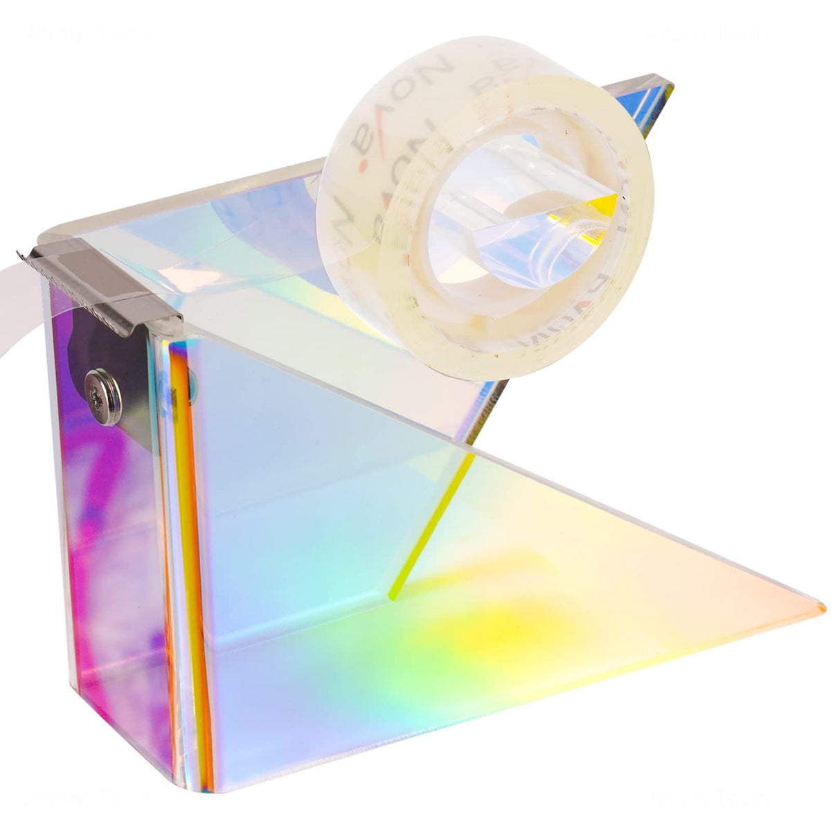 Nioffice Iridescent Acrylic Tape Dispenser With Sharp Stainless Steel Sawtooth For Standard 1 Inch Roll, Colorful Clear Aestheti