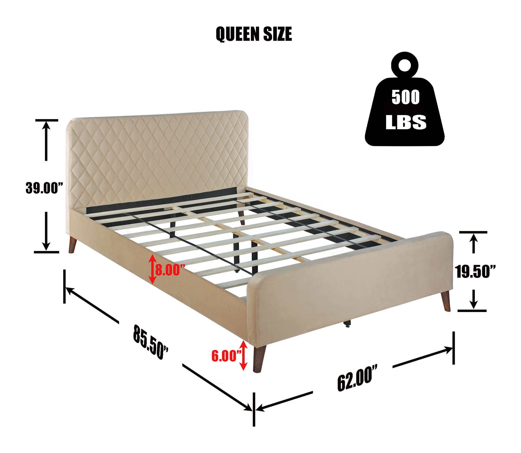 Better Home Products Roza Velvet Upholstered Queen Bed with Headboard Champaign