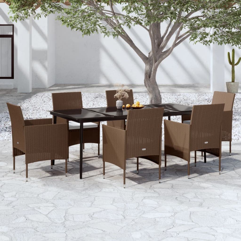 vidaXL Patio Dining Set 7 Piece with Cushions Garden Outdoor Lawn Yard Terrace Balcony Seat Seating Table and Chair Furniture Brown and Black