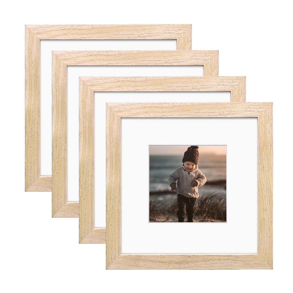 KINLINK 7x7 Picture Frames Natural Wood Frames with Acrylic Plexiglass for Pictures 4x4 With Mat, Tabletop and Wall Mounting Dis