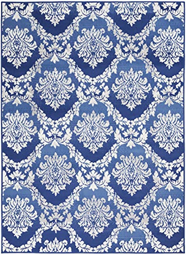 HomeRoots 100% Polypropylene 4’ x 6’ Blue and Ivory Damask Area Rug