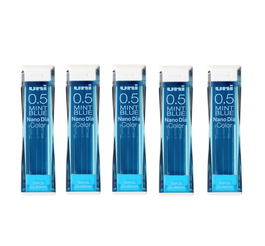 Uni Nanodia Color Mechanical Pencil Leads 0.5Mm Mint Blue, 5 Pack/Total 100 Leads Value Set
