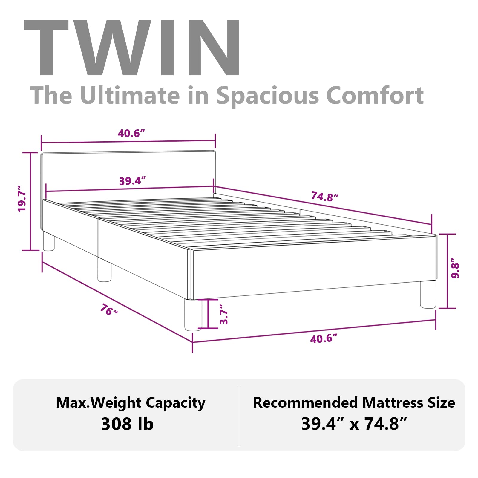 vidaXL Velvet Bed Frame Platform Bed, Scandinavian Style/Slats Support/No Box Spring Needed/Without Mattress/Easy Assembly, Dark Grey Twin Bed