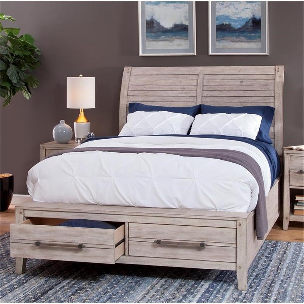 American Woodcrafters Aurora White-Washed Wood King Sleigh Storage Bed