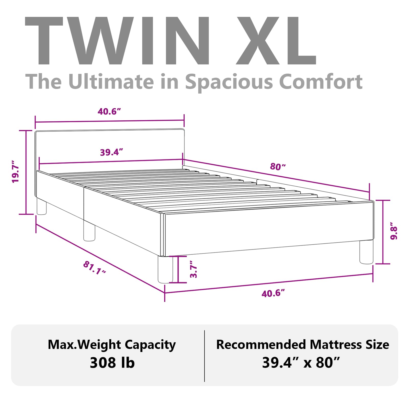 vidaXL Faux Leather Bed Frame Platform Bed , Scandinavian Style/Slats Support/No Box Spring Needed/Without Mattress/Easy Assembly, Black Twin XL Bed