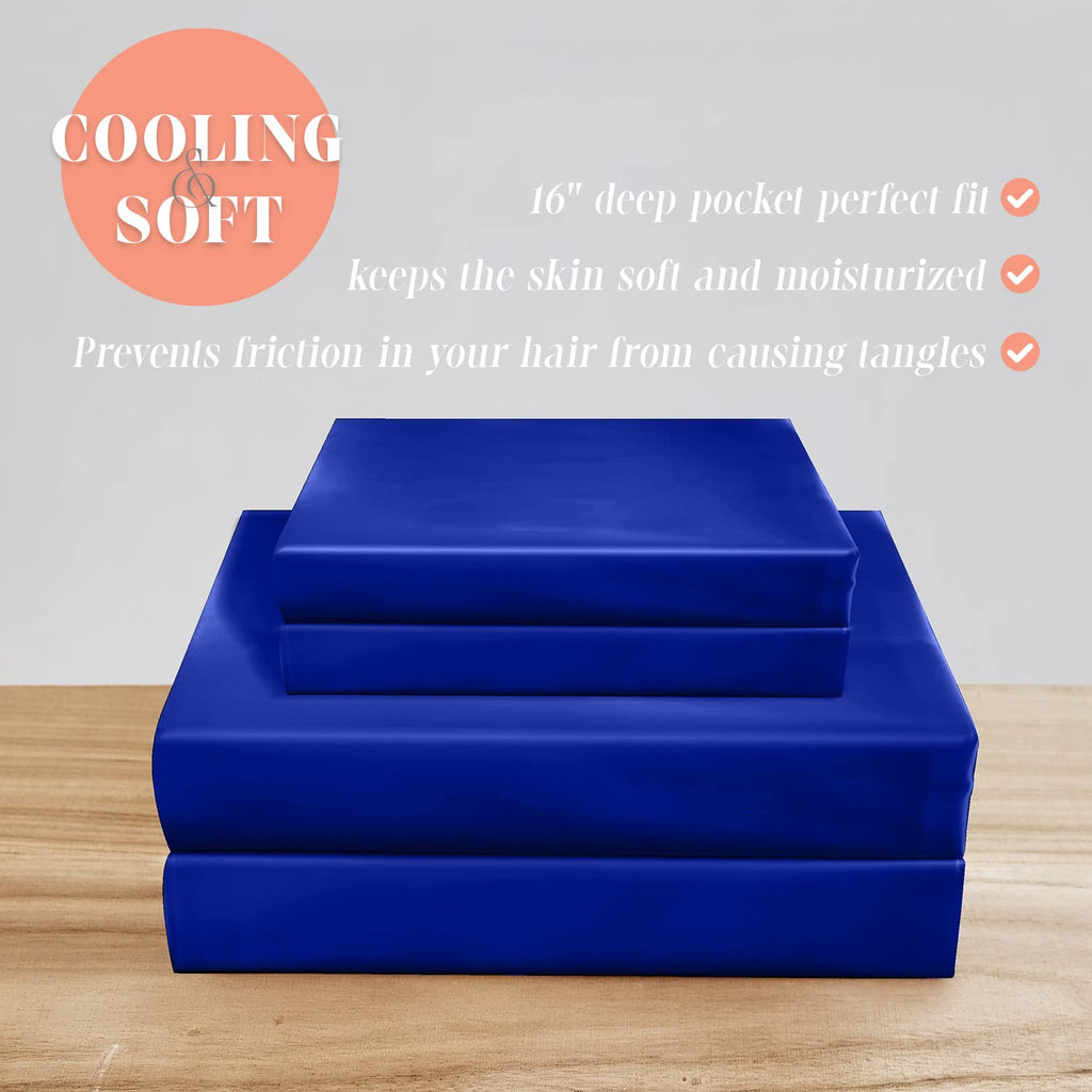 Elegant Comfort Luxurious 4-Piece Silky Satin Sheet Set, Skin And Hair Friendly, Wrinkle, Fade, Stain Resistant With Deep Pockets Fitted Sheet, Cooling Soft Satin Sheet Set, King, Royal Blue