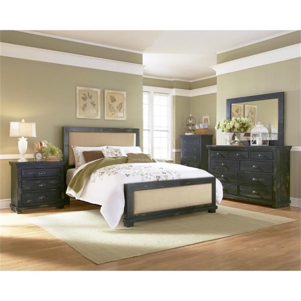 Progressive Furniture Willow Pine Upholstered Headboard, 64' X 4' X 55'/Queen, Distressed Black