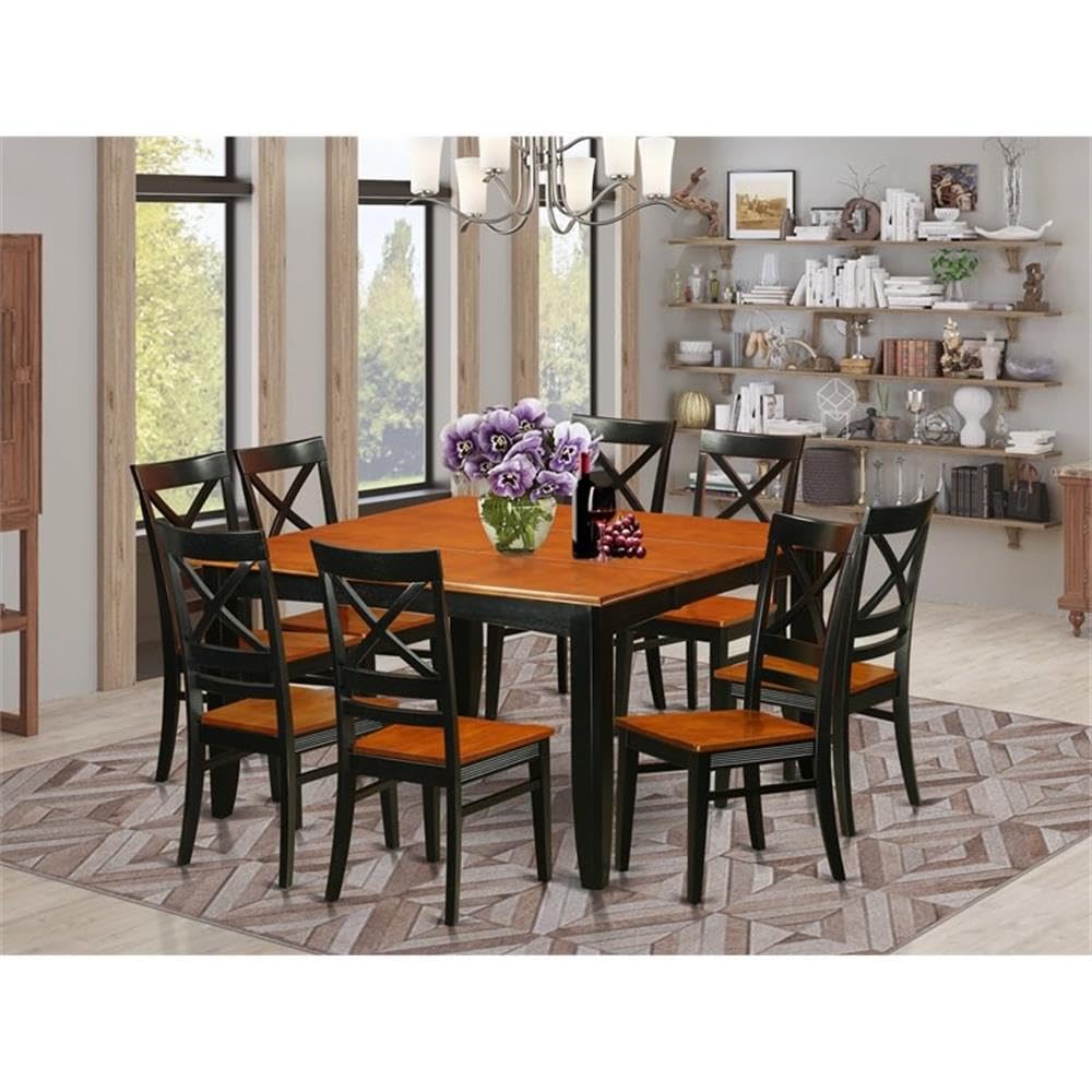 East West Furniture PFQU9-BCH-W 9 Piece Dining Room Furniture Set Includes a Square Wooden Table with Butterfly Leaf and 8 Kitchen Dining Chairs, 54x54 Inch, Black & Cherry