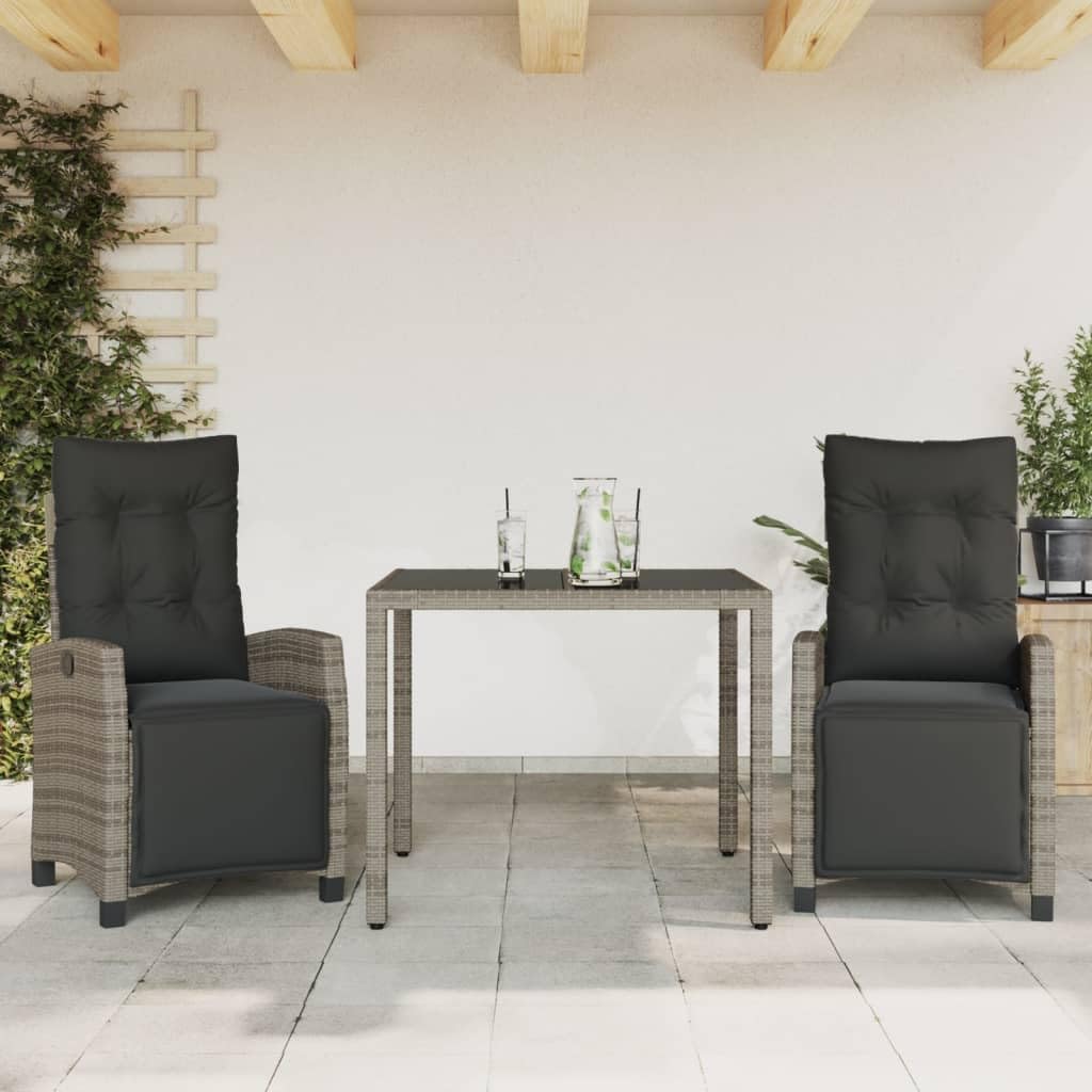 vidaXL 5 Piece Patio Dining Set with Cushions - Gray Poly Rattan, Tempered Glass Square Table, Adjustable Backrest & Footrest, Garden/Backyard/Deck Outdoor Set