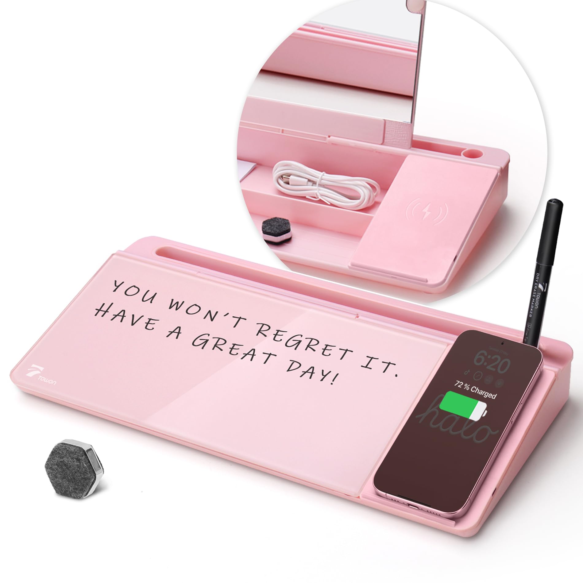 Towon Desktop Glass Whiteboard With Charger Pad, Small Desk Whiteboard - Glass Dry Erase White Board- Desk Computer Buddy With S