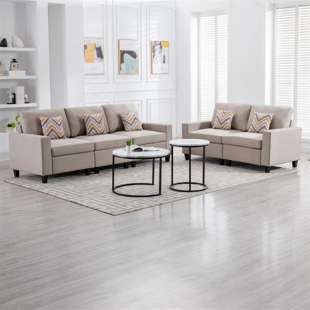Lilola Home Nolan Beige Linen Fabric Sofa and Loveseat Living Room Set with Pillows and Interchangeable Legs