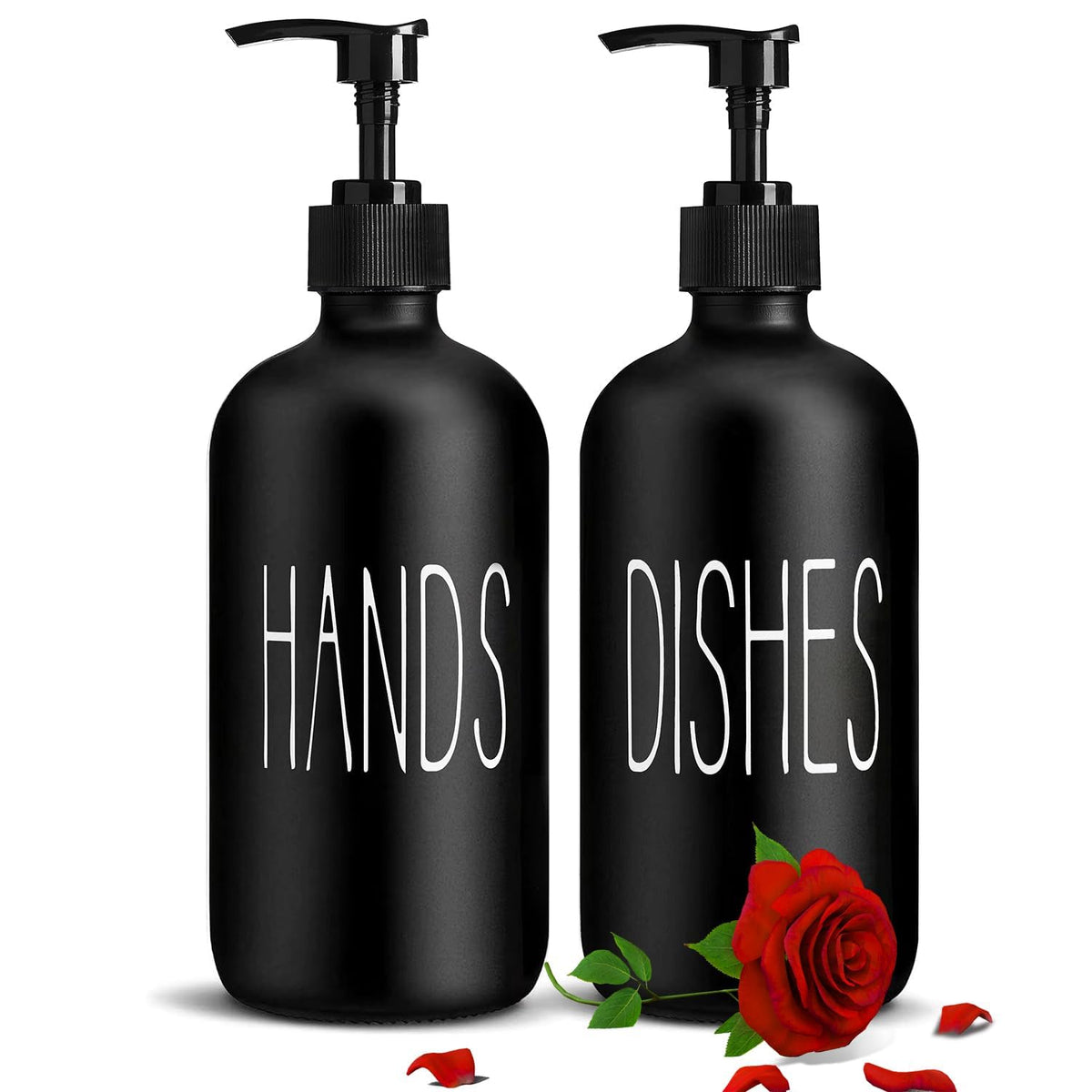 Store2508 Set of 2 Glass Hands & Dishes Liquid Soap Dispenser Set for Kitchen Sink Area Black