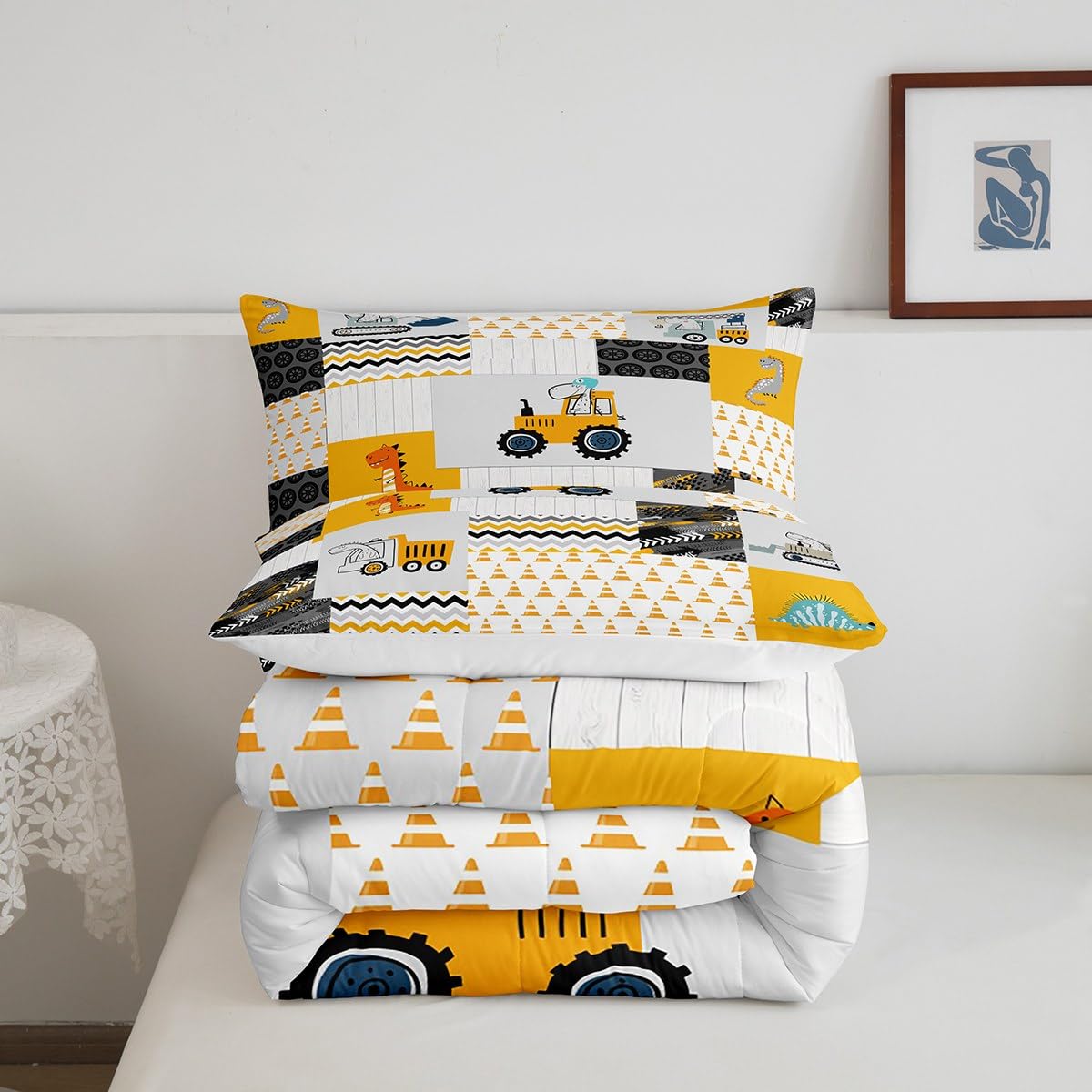 Construction Comforter Set Full Size Kids Cartoon Car Excavator Tractor Toddler Comforter Equipment Trucks Plaid Grid Yellow Com