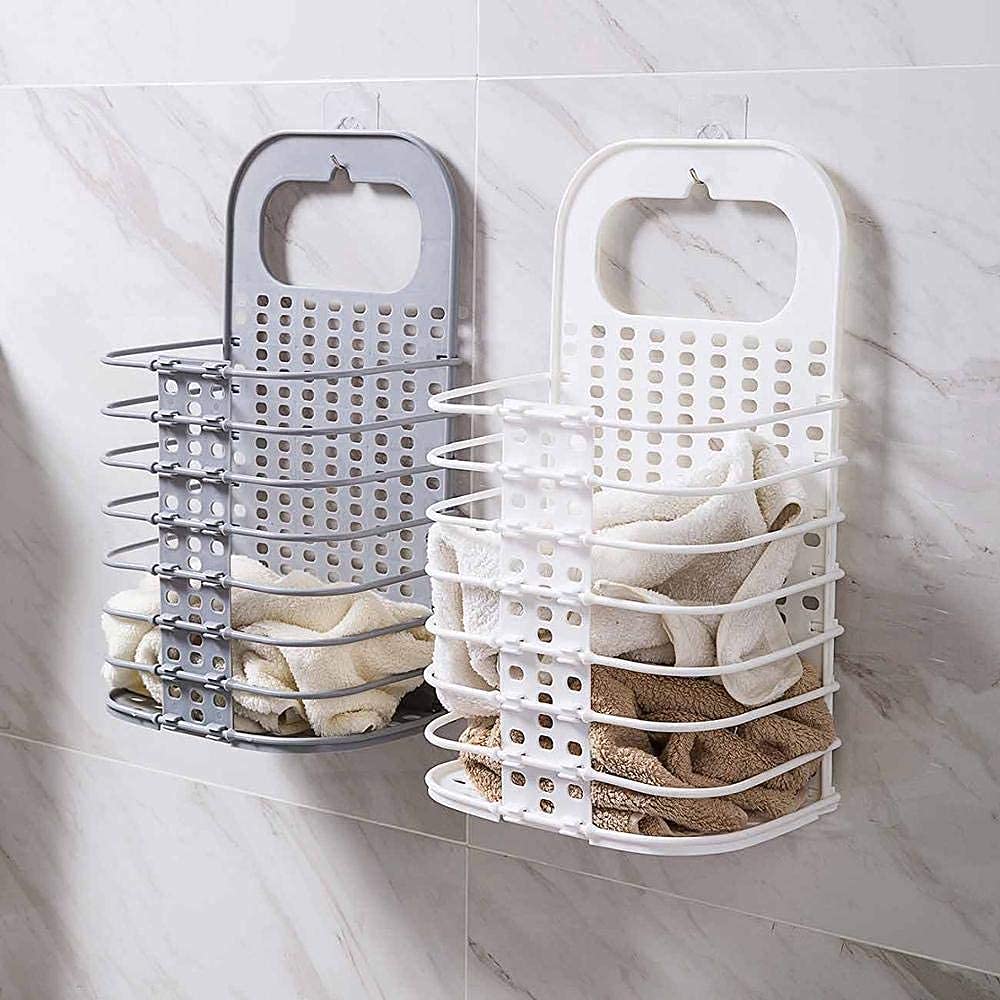 GABANIZ Grey Plastic Wall Mounted Laundry Hamper for Dirty Clothes, Storage Basket Hanging, Toiletry Organizer Basket, Bin for C