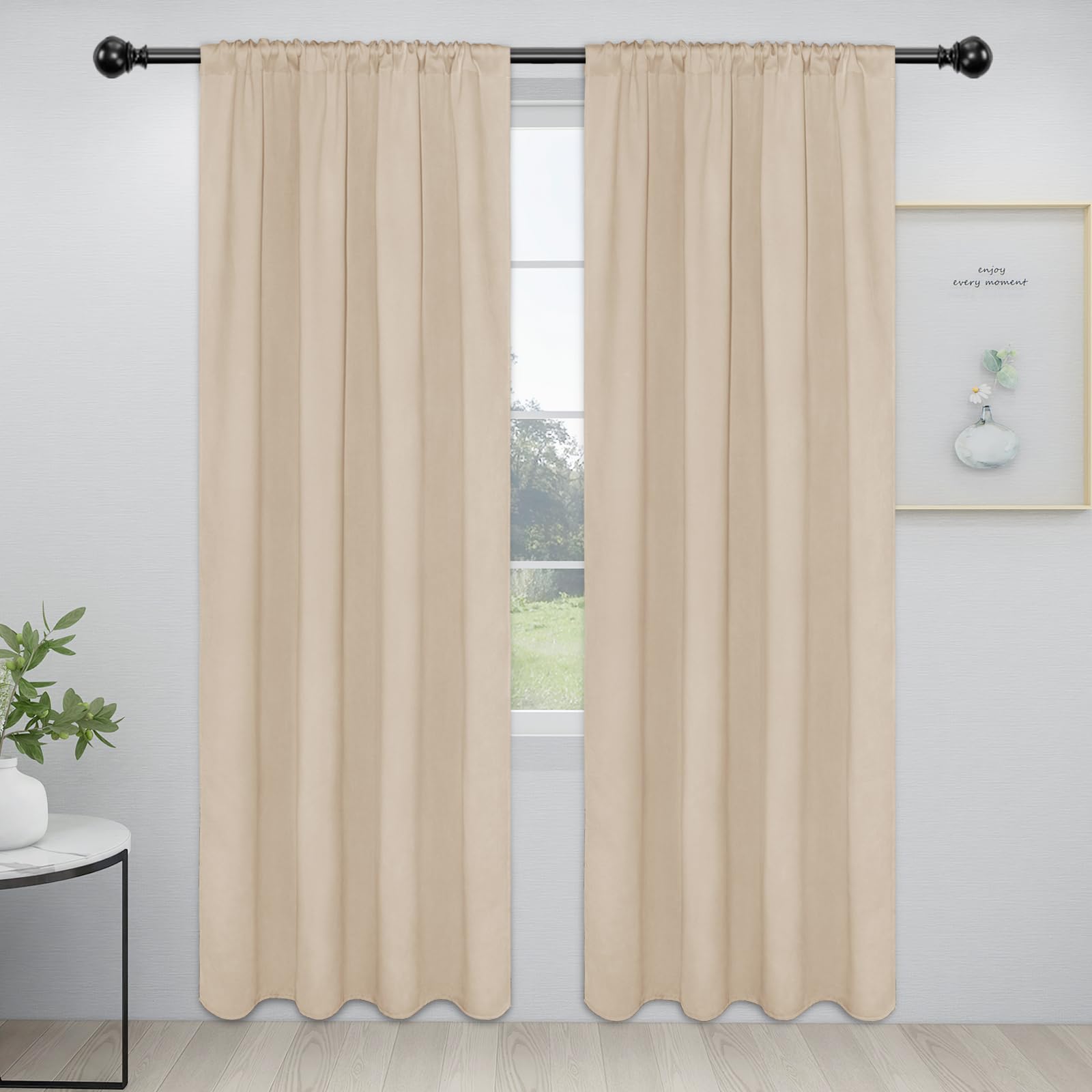 Easy-Going Rod Pocket Blackout Curtains For Bedroom, Room Darkening Window Curtains For Living Room, Thermal Insulated Noise Reduction Solid Window Drapes, 2 Panels(34X84 In, Beige)