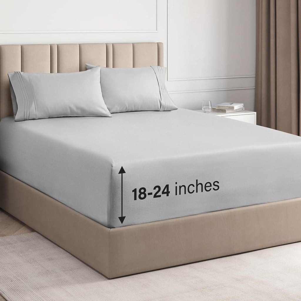 Extra Deep Pocket King Sheets - 4 Piece Breathable & Cooling Bed Sheets - Hotel Luxury Bed Sheet Set - Soft, Wrinkle Free & Comfy - Easily Fits Extra Deep Mattresses - Deep Pocket Light Grey Sheets