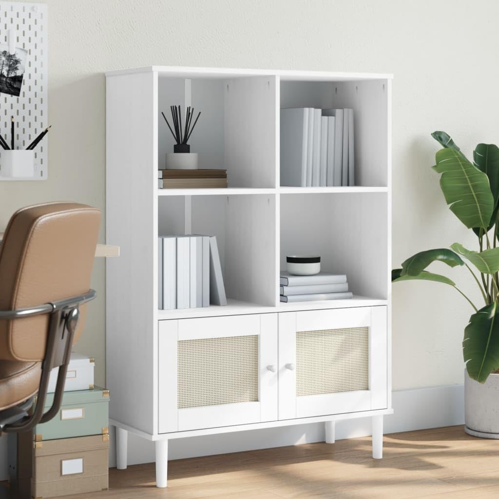 vidaXL SENJA Modern Freestanding Bookcase - Solid Pinewood with UV Varnish Finish, Poly Rattan Surface - White | 35.4&quot;x13.8&quot;x51.2&quot;