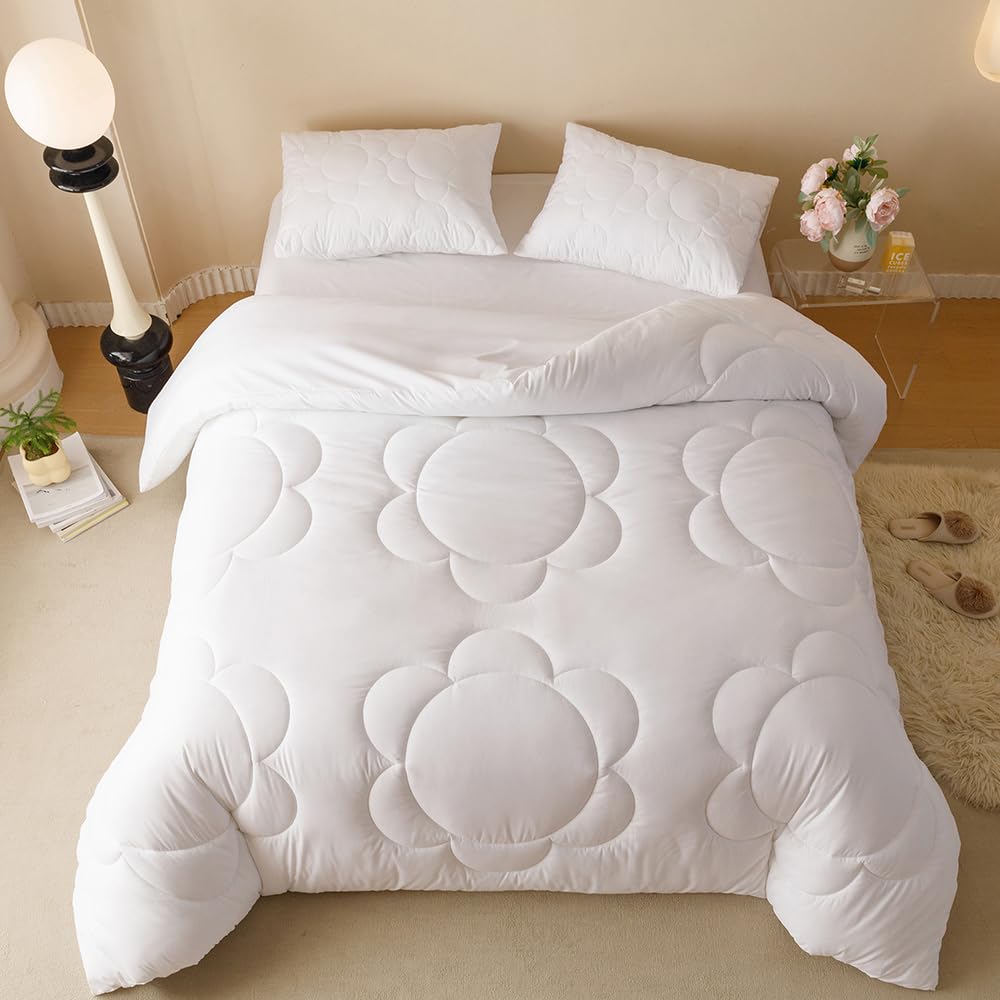 Clothknow Comforter Full Size White 3Pcs Daisy Puff Bedding Comforter Sets Boho Floral Comforter Soft White Comforter Full With 2 X Pillowcases