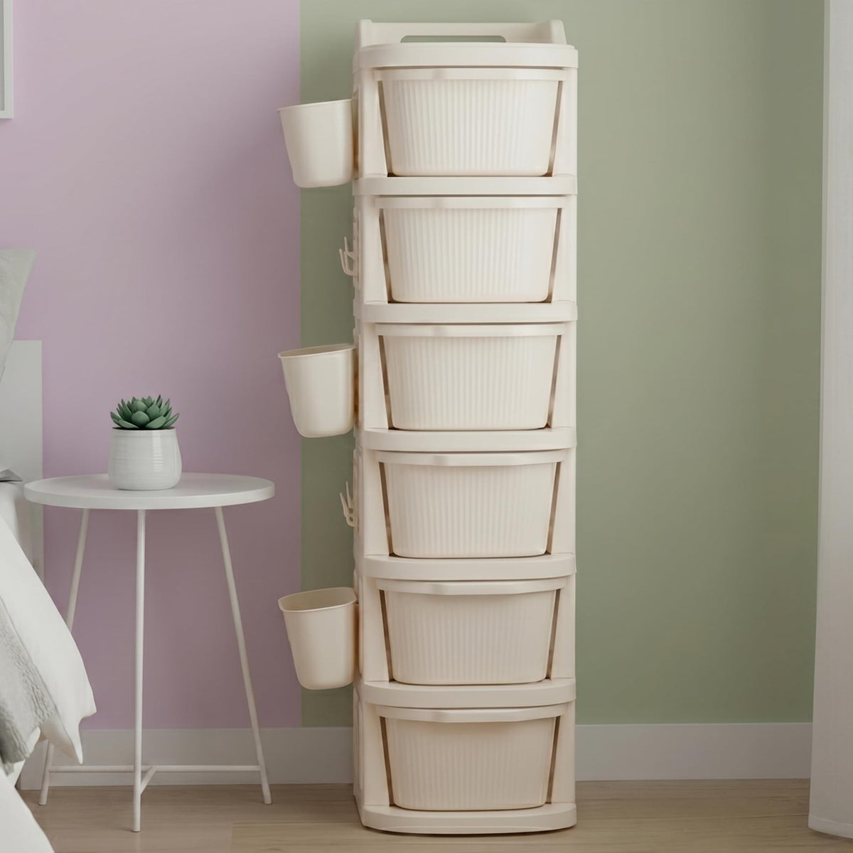 TEXRO 6 Layer Plastic Drawer Cabinet with Wheels & Side Hooks | Stackable Storage Trolley Organiser for Kitchen, Bedroom, Bathr
