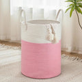 Rope Laundry Hamper Storage Basket for Clothes, Towels and Blankets, Pink and White, Nursery, Bedroom, Livingroom